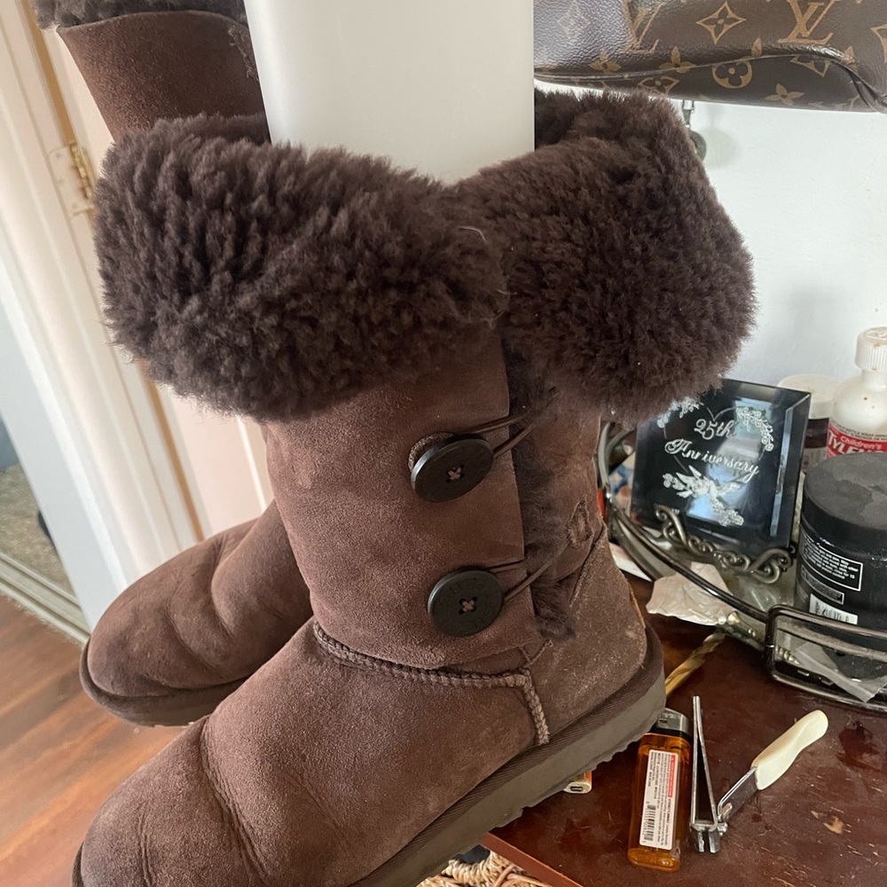 UGG Chocolate Shearling Boots with Toggle Accents